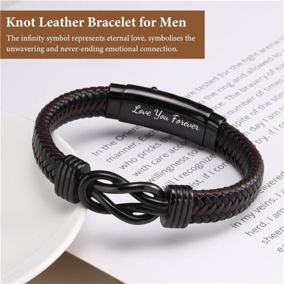 Mens Leather Bracelet Infinity Knot Engraved Love You Forever Adjustable Gift - Picture 3 of 7